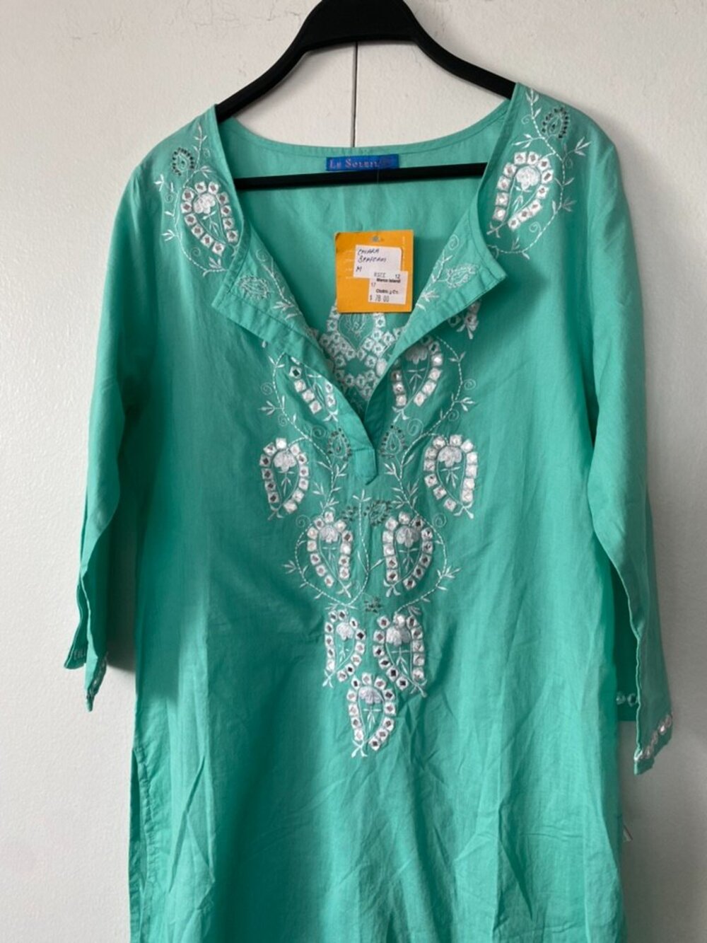 NWT La Soleil Cotton Tunic 3/4 sleeves Green Embroidered tunic top